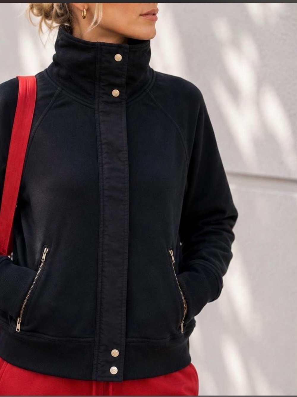 L-R-L Women's Black High Stand Collar Bomber Jacket with Zip Pockets
